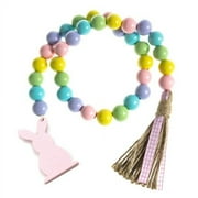 33'' Easter Wood Bead Garland with Tassels and Bunny Tag Bunny Farmhouse Beaded Garland Colorful Garland Prayer Boho Bead for Holiday Party Farmhouse Rustic Country Decorations Wall Hanging